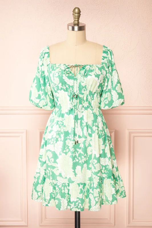 Lace - Embellished Women Dress for an Elegant and Sophisticated AppearanceEsadora | Short Green Floral Dress w/ Bows