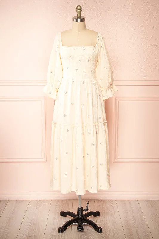 Lace - Embellished Women Dress for an Elegant and Sophisticated AppearanceEstelle Ivory | Midi Dress w/ Floral Embroidery