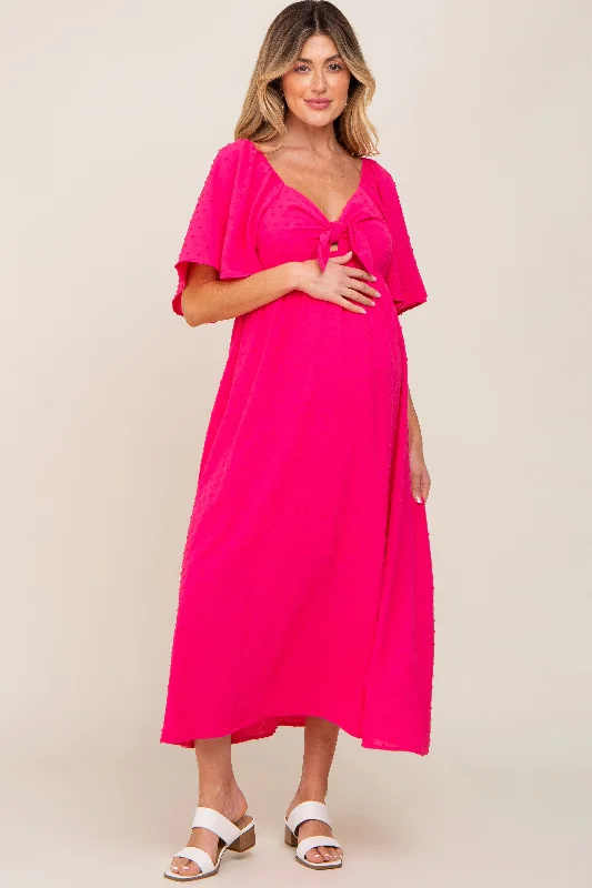 Shift Women Dress with a Simple and Classic Design for Everyday WearFuchsia Textured Dot Front Tie Ruffle Sleeve Maternity Midi Dress