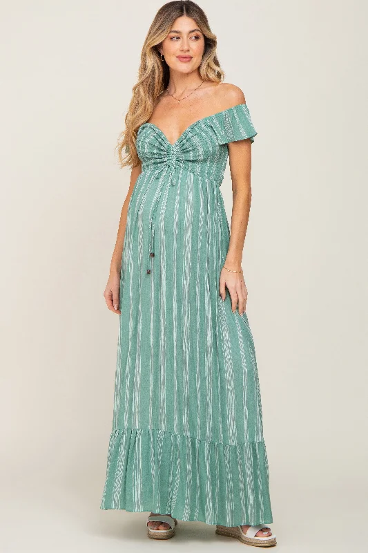 Backless Women Dress for a Sexy and Alluring Look at Evening EventsGreen Striped Off Shoulder Front Tie Maternity Maxi Dress