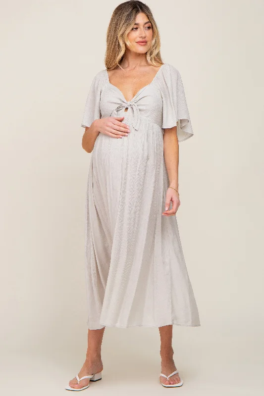 Wrap - Style Women Dress with Adjustable Fit for All Body TypesGrey Front Tie Ruffle Sleeve Maternity Midi Dress