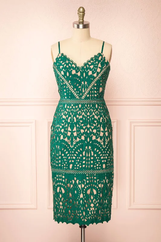 Mermaid - Style Women Dress with a Fitted Silhouette for Special OccasionsIndira | Fitted Midi Green Crocheted Lace Dress