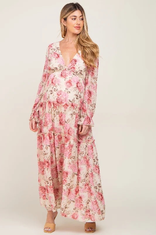 Shift Women Dress with a Simple and Classic Design for Everyday WearIvory Floral Chiffon Ruffle Tiered Maternity Maxi Dress