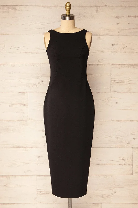 Strapless Women Dress with a Built - in Bra for Comfort and SupportKovna Black | Fitted Midi Dress w/ Open Back