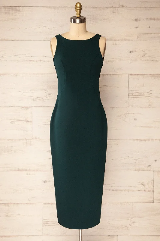 Empire Waist Women Dress to Accentuate the Bust and Conceal the WaistKovna Green | Fitted Midi Dress w/ Open Back