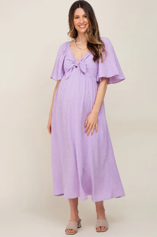 Strapless Women Dress with a Built - in Bra for Comfort and SupportLavender Textured Dot Front Tie Ruffle Sleeve Maternity Midi Dress