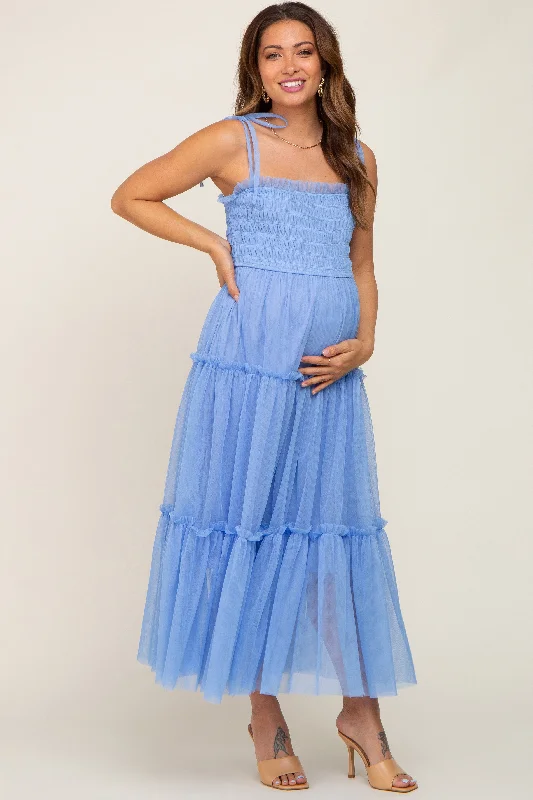 Empire Waist Women Dress to Accentuate the Bust and Conceal the WaistLight Blue Smocked Mesh Maternity Midi Dress