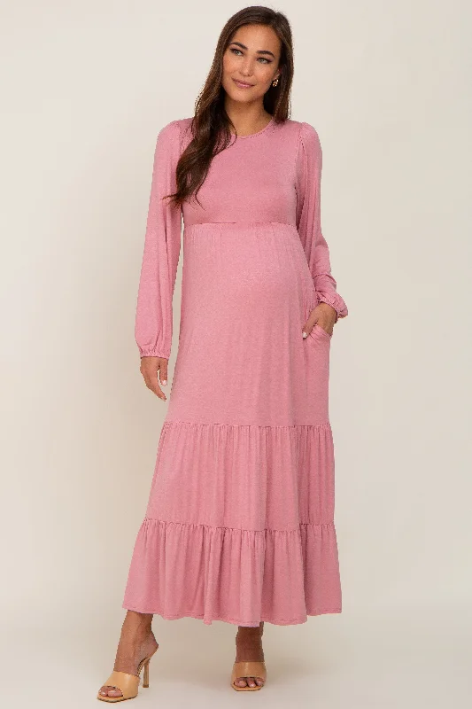 Pleated Women Dress with a Timeless and Elegant TextureMauve Long Sleeve Tiered Maternity Maxi Dress