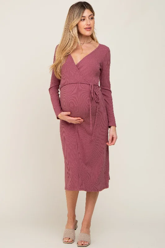 Empire Waist Women Dress to Accentuate the Bust and Conceal the WaistMauve Rib Knit Long Sleeve Maternity Wrap Midi Dress