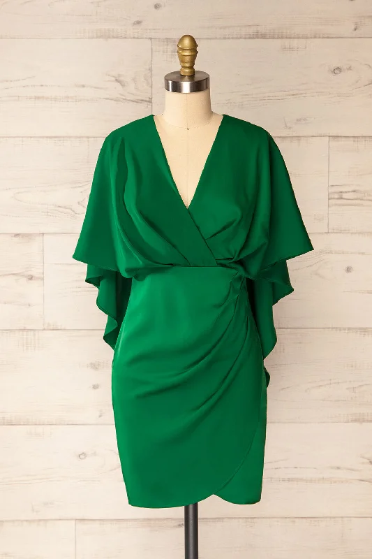 Off - the - Shoulder Women Dress for a Romantic and Feminine LookMilanoa Green | Short Satin Dress w/ Cape