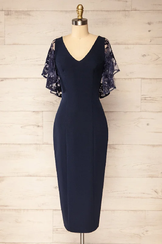 Mini Women Dress with a Short Hem for a Young and Trendy StyleMyrania Navy | Fitted Midi Dress w/ Embroidered Sleeves