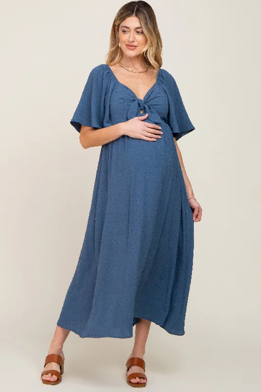 Mermaid - Style Women Dress with a Fitted Silhouette for Special OccasionsNavy Blue Textured Dot Front Tie Ruffle Sleeve Maternity Midi Dress