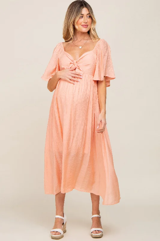 Pleated Women Dress with a Timeless and Elegant TexturePeach Front Tie Ruffle Sleeve Maternity Midi Dress