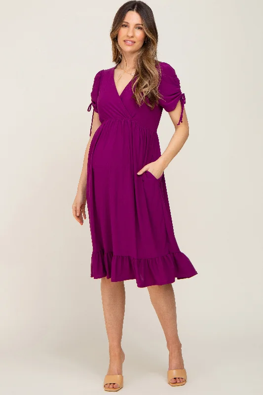 Printed Abstract Women Dress for a Modern and Artistic AppealPurple Cinched Sleeve Maternity Midi Dress