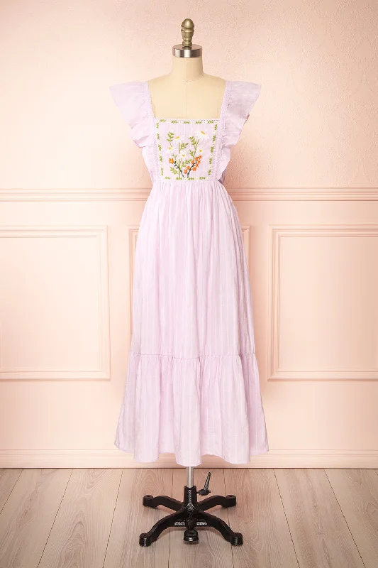 Shift Women Dress with a Simple and Classic Design for Everyday WearThora Lilac | Midi Dress w/ Floral Embroidery