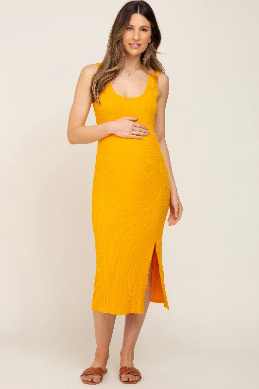 Mermaid - Style Women Dress with a Fitted Silhouette for Special OccasionsYellow Ribbed Back Cutout Maternity Midi Dress