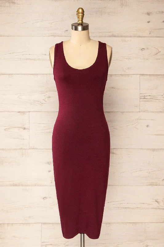 Pleated Women Dress with a Timeless and Elegant TextureZadar Burgundy | Sleeveless Midi Dress