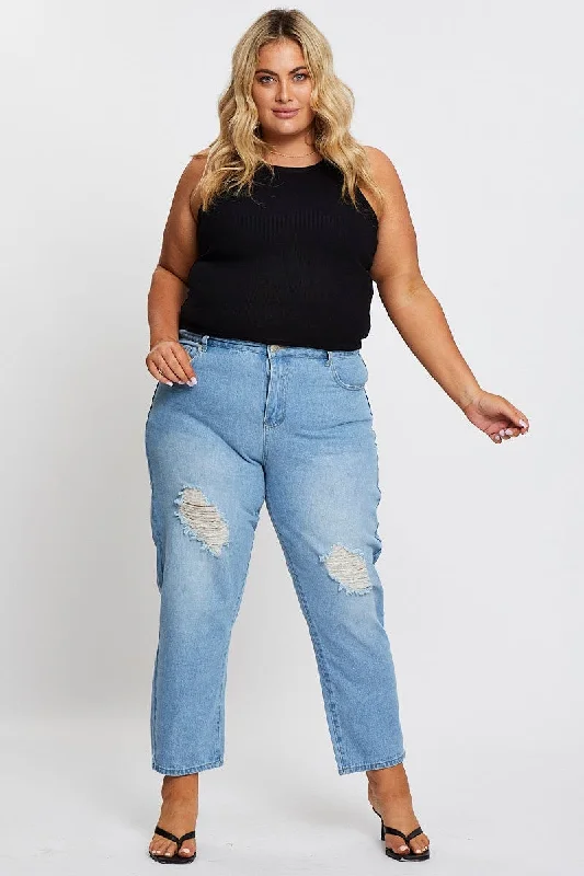 Blue High Rise Straight Denim Jeans