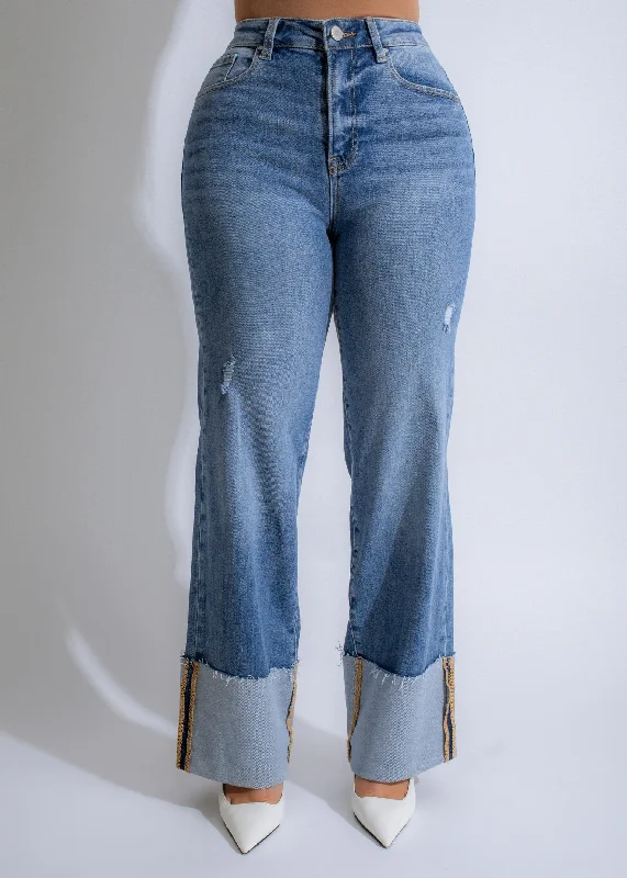 Cuffed Edge Distressed Jeans Light Denim