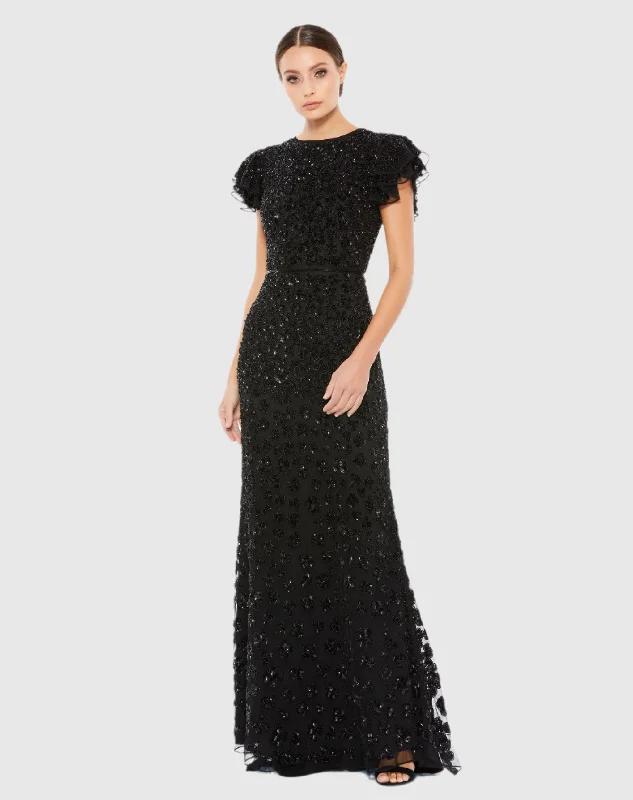 Ruffled Women Dress with Multiple Layers for a Playful and Girly StyleBlack High Neck Flutter Cap Sleeve Gown