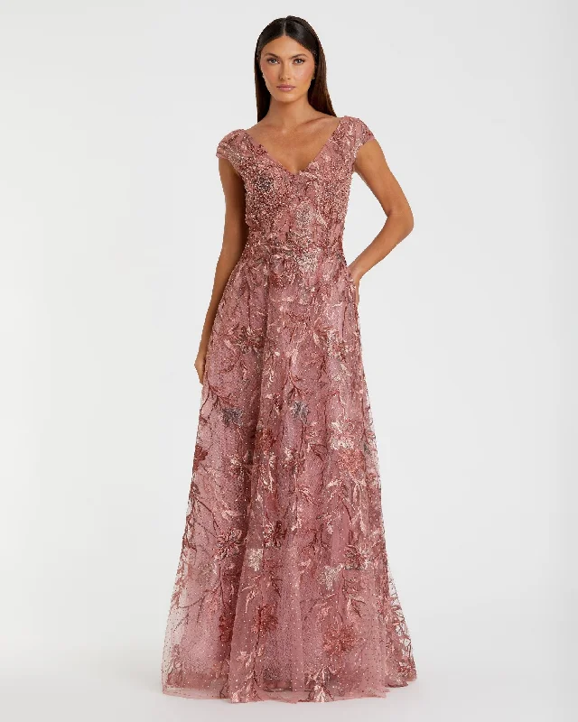 Pleated Women Dress with a Timeless and Elegant TexturePink Embroidered Illusion Cap Sleeve A Line Gown