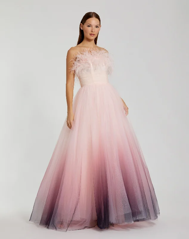 Sleeveless Women Dress in Bright Colors for Summer PartiesPink Ombre Strapless Feather Bodice Tulle Gown