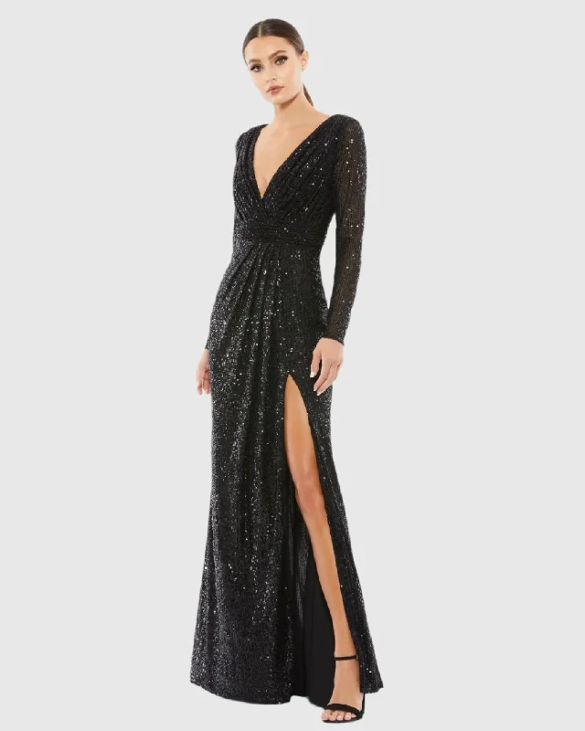 Backless Women Dress for a Sexy and Alluring Look at Evening EventsBlack Sequined Long Sleeve Gown