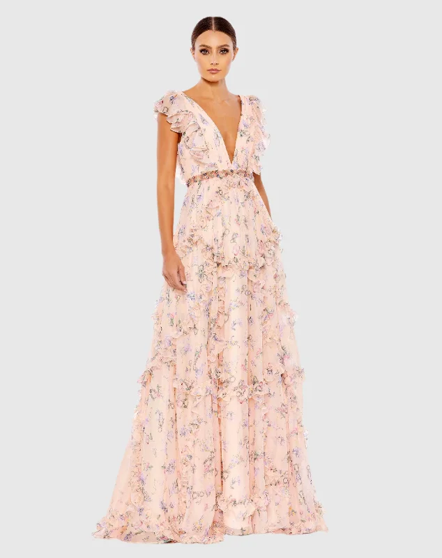 Printed Abstract Women Dress for a Modern and Artistic AppealRuffled Floral Print Cap Sleeve Gown