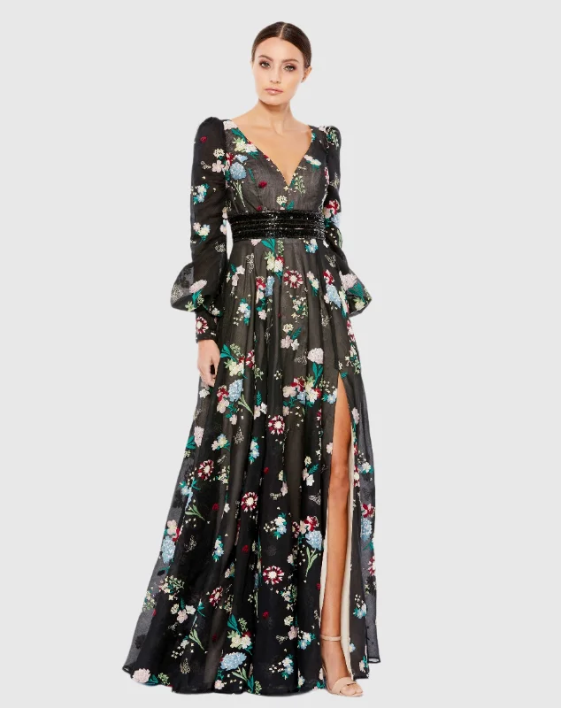 Printed Abstract Women Dress for a Modern and Artistic AppealEmbroidered Bishop Sleeve V Neck Flowy Gown