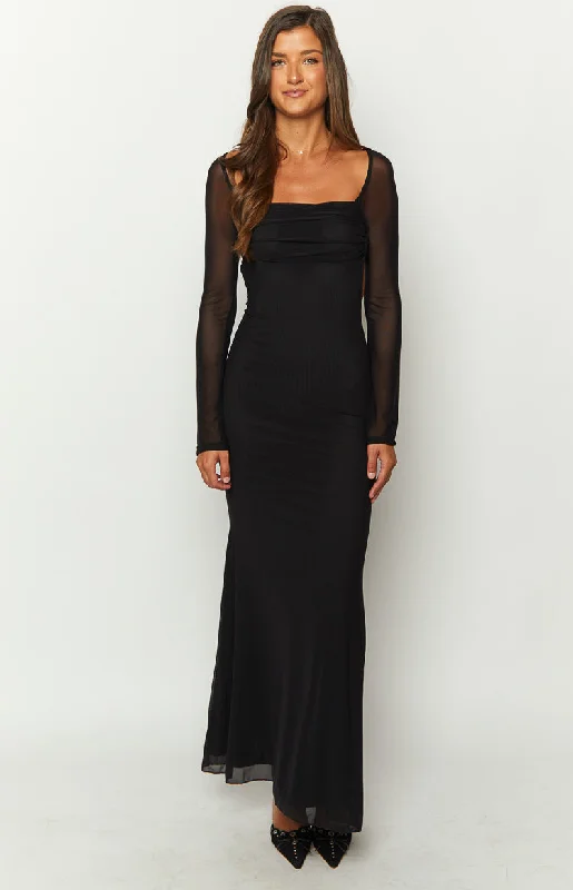 Strapless Women Dress with a Built - in Bra for Comfort and SupportBeverley Black Mesh Long Sleeve Maxi Dress