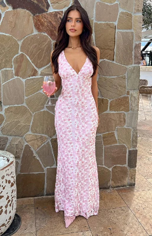 Mermaid - Style Women Dress with a Fitted Silhouette for Special OccasionsFarida Pink Lace Maxi Dress