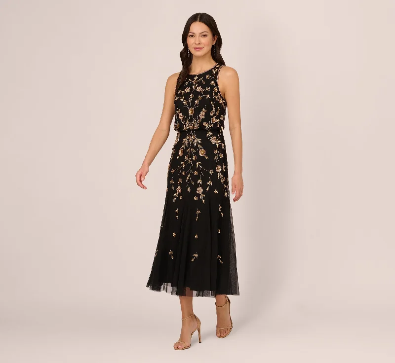 Strapless Women Dress with a Built - in Bra for Comfort and SupportFloral Beaded Blouson Tea Length Dress In Black Gold