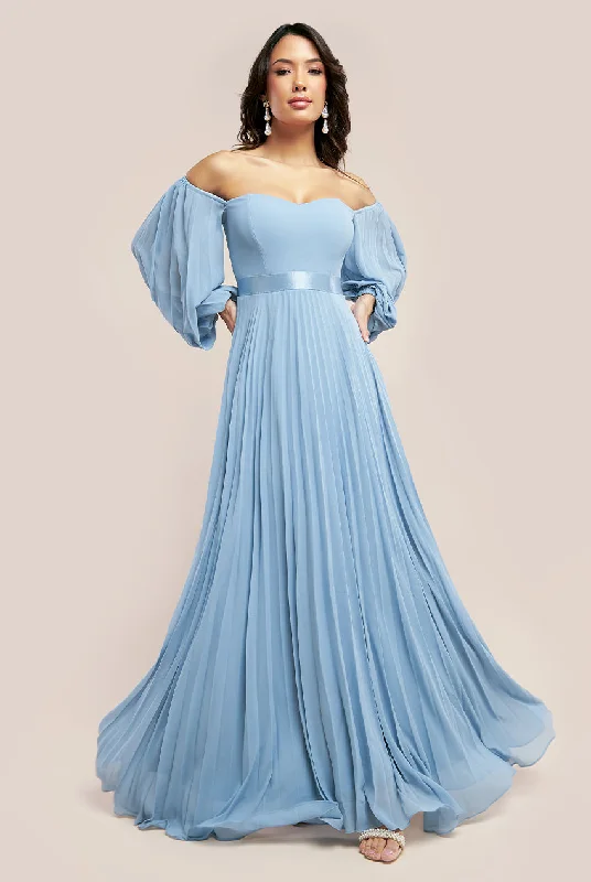 Pleated Women Dress with a Timeless and Elegant TextureGoddiva Bardot Chiffon Pleated Maxi - Blue