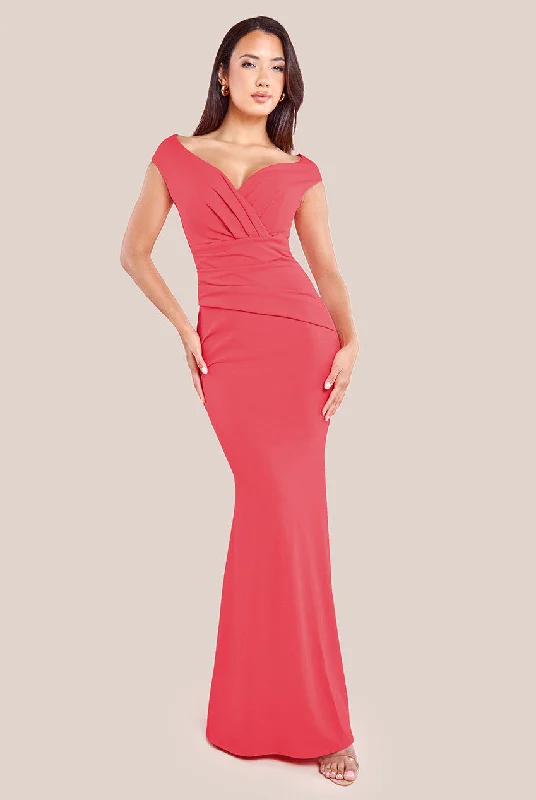 Ruffled Women Dress with Multiple Layers for a Playful and Girly StyleGoddiva Bardot Pleated Maxi Dress - Coral