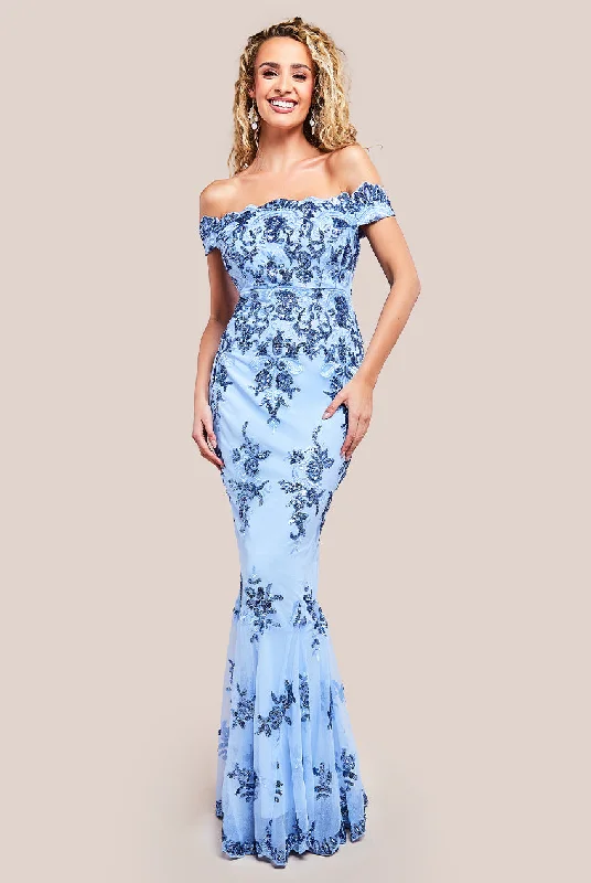 Empire Waist Women Dress to Accentuate the Bust and Conceal the WaistGoddiva Bardot Sequin Embroidered Maxi Dress - Powder Blue