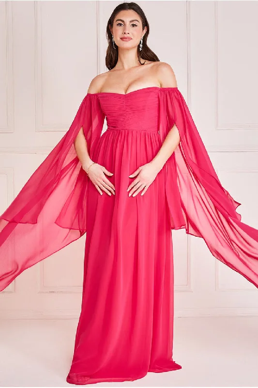 Mermaid - Style Women Dress with a Fitted Silhouette for Special OccasionsGoddiva Chiffon Off The Shoulder Maxi With Cape Sleeves  - Hot Pink