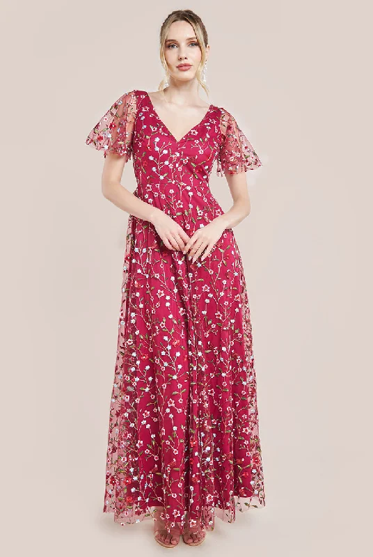 Lace - Embellished Women Dress for an Elegant and Sophisticated AppearanceGoddiva Flutter Sleeve Floral Embroidered Maxi - Burgundy