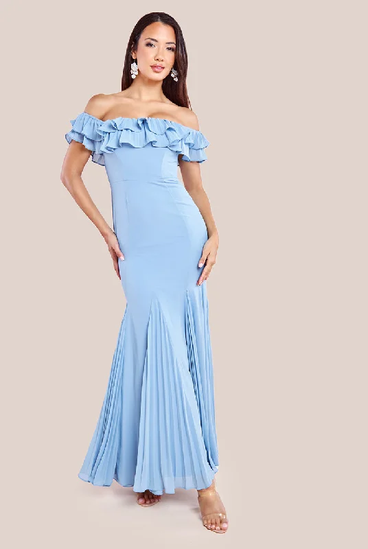 Empire Waist Women Dress to Accentuate the Bust and Conceal the WaistGoddiva Frilled Off The Shoulder Pleated Chiffon Maxi Dress - Dusky Blue