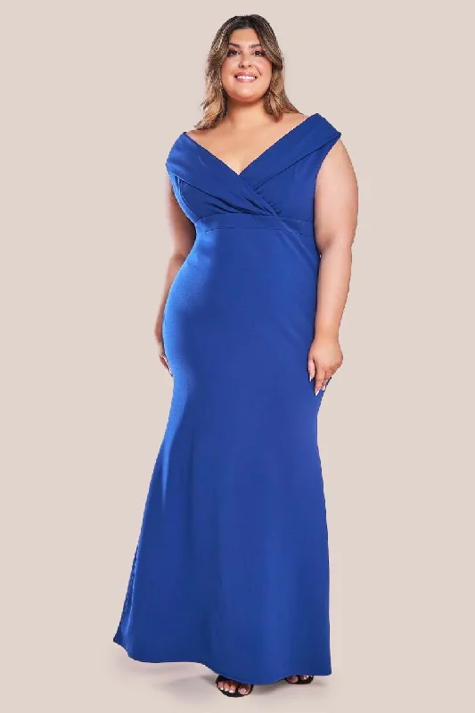 Printed Abstract Women Dress for a Modern and Artistic AppealGoddiva Front Wrap Off The Shoulder Maxi Dress - Royalblue