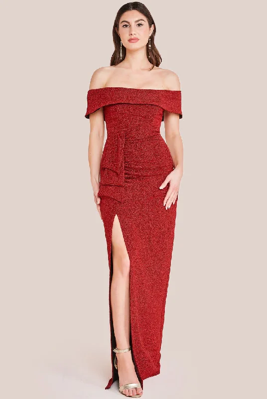 Off - the - Shoulder Women Dress for a Romantic and Feminine LookGoddiva Sparkle Bardot Maxi With Waterfall Ruffle - Red