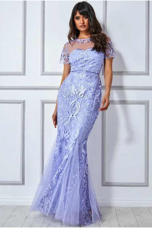 Strapless Women Dress with a Built - in Bra for Comfort and SupportGoddiva Mesh & Lace Maxi With Scalloped Hem - Lilac