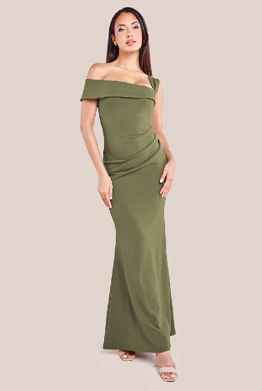 Sheath Women Dress with a Tailored Fit for a Professional LookGoddiva Off The Shoulder Pleated Waist Maxi Dress - Khaki