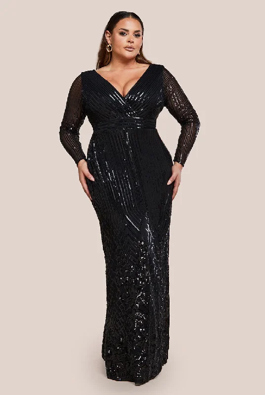 Ruffled Women Dress with Multiple Layers for a Playful and Girly StyleGoddiva Plus Long Sleeve Sequin V Wrap Maxi Dress - Black