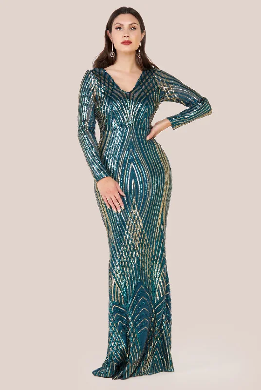 Ruffled Women Dress with Multiple Layers for a Playful and Girly StyleGoddiva Two Toned V Neck Sequin Maxi - Emerald Green