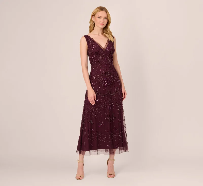 Off - the - Shoulder Women Dress for a Romantic and Feminine LookHand-Beaded Ankle-Length Dress In Night Plum