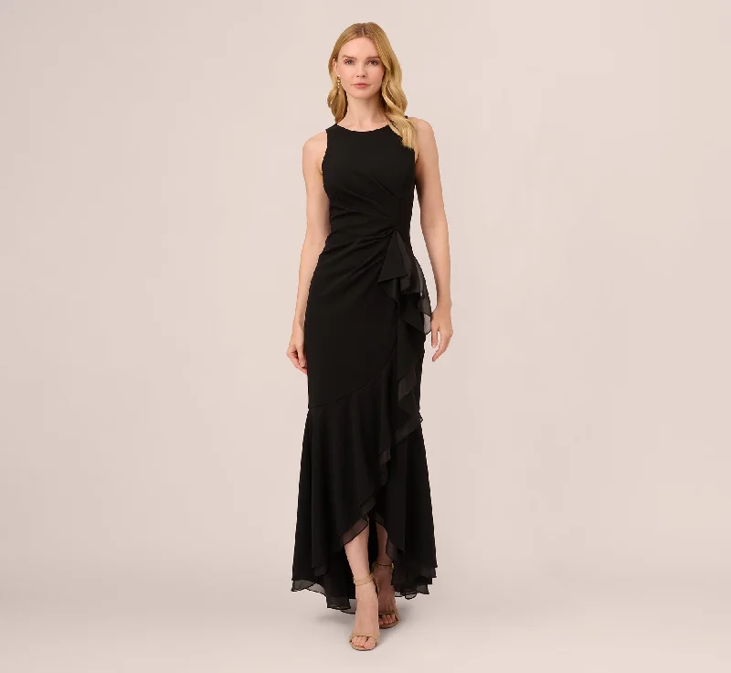 Ruffled Women Dress with Multiple Layers for a Playful and Girly StyleHigh Low Crepe Halter Gown With Organza Draping In Black