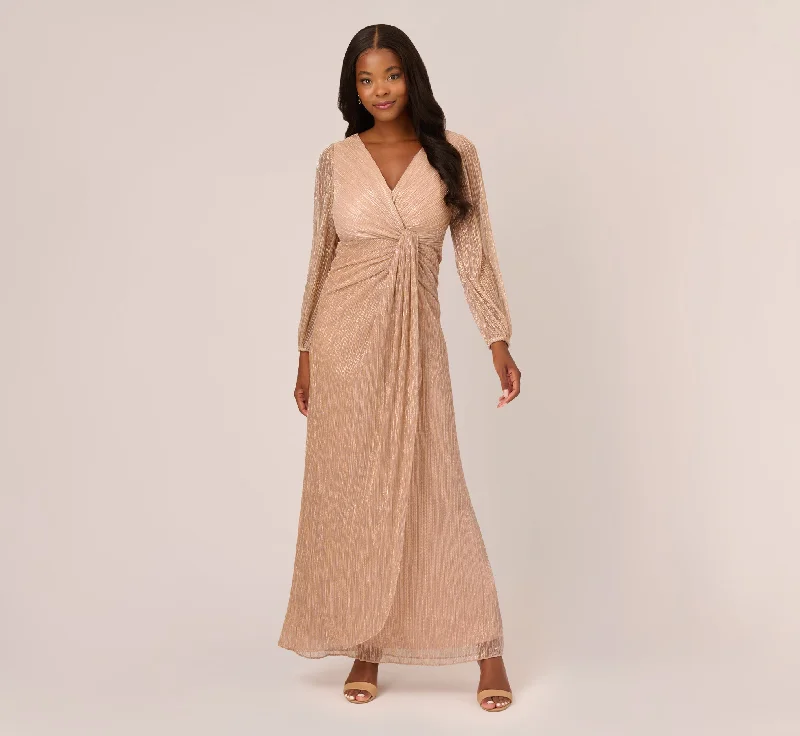 Mermaid - Style Women Dress with a Fitted Silhouette for Special OccasionsMetallic Crinkled Mesh Draped Long Gown In Light Gold