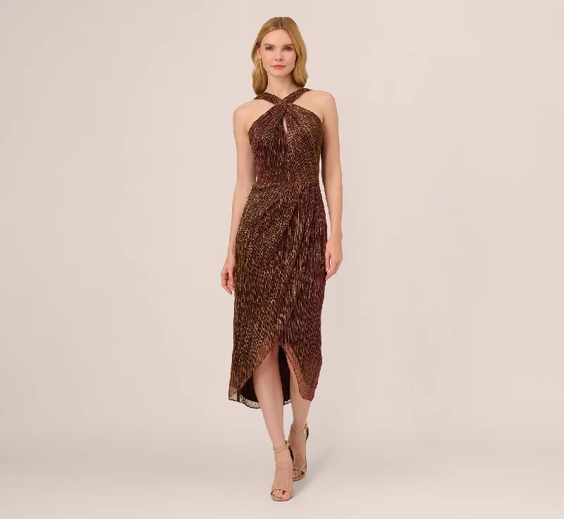 Lace - Embellished Women Dress for an Elegant and Sophisticated AppearanceMetallic Knit Halter Midi Dress With Wrap Skirt In Copper