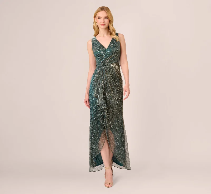 Pleated Women Dress with a Timeless and Elegant TextureMetallic Mesh Faux Wrap Gown With Ruffle Accents In Evergreen