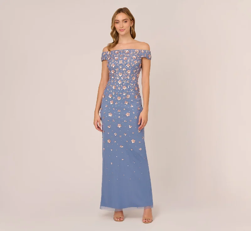 Plus Size Women Dress with a Flattering A - Line Cut for Comfort and StyleOff Shoulder Dress With Floral Embellishment In French Blue Coral